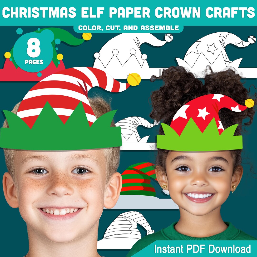 Printable Christmas Elf Paper Crown Crafts, Coloring Headband and Hat ...