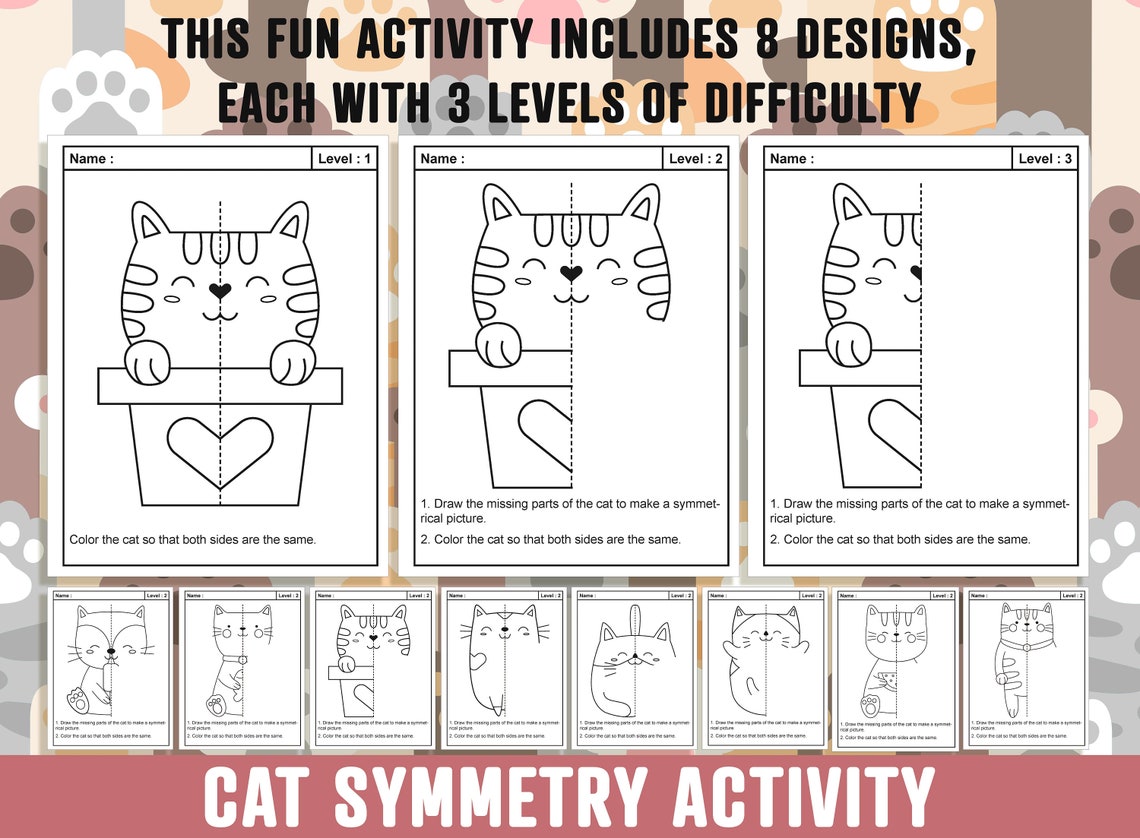 Image showcasing Cat Symmetry Worksheet, Kitten Theme Lines of Symmetry Activity, 24 ...