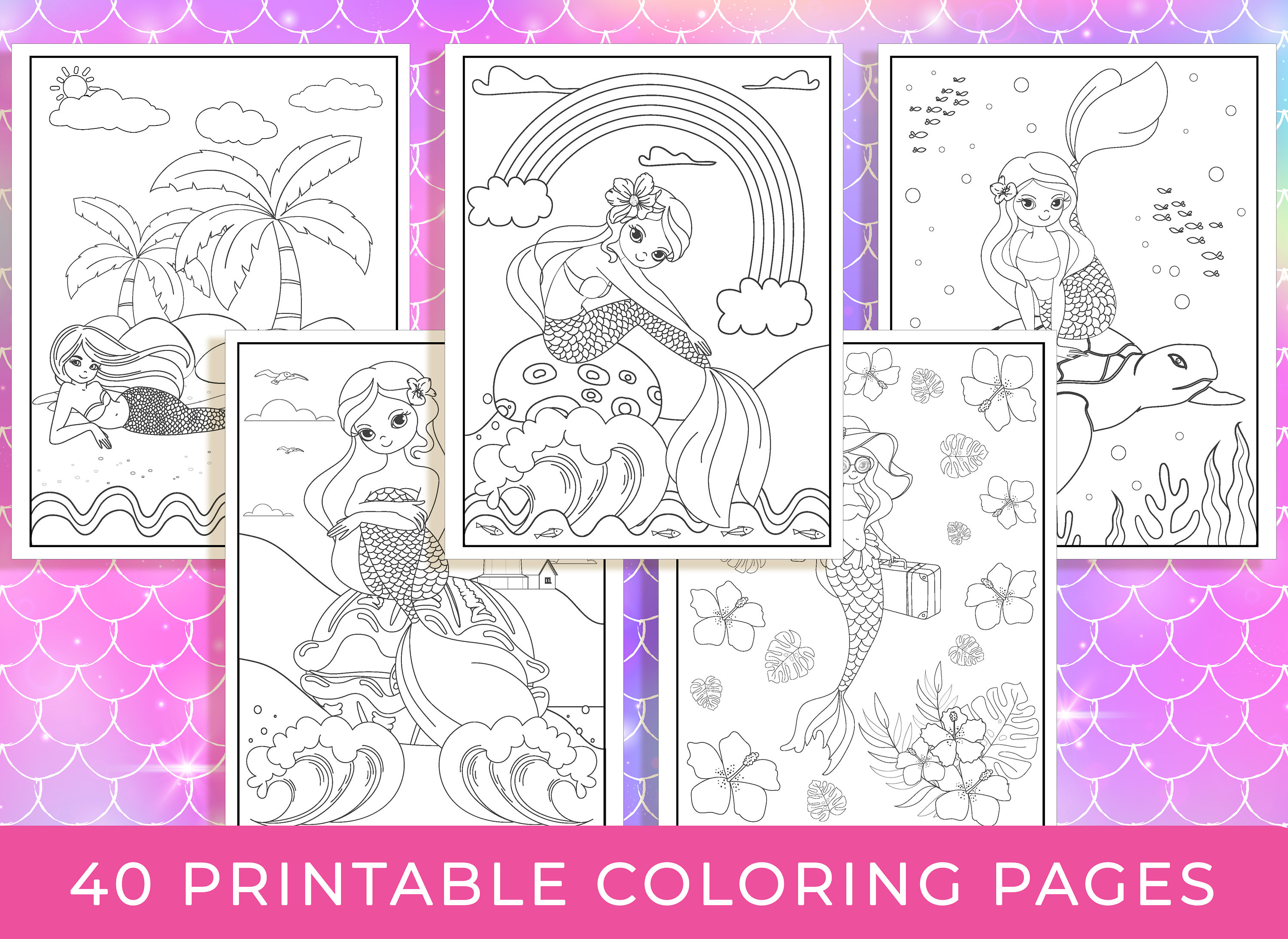 Mermaid Coloring Pages - 40 Printable Mermaid Coloring Pages for Girls, Teens & Kids, Mermaid Birthday Party Activity, Girls Birthday Party