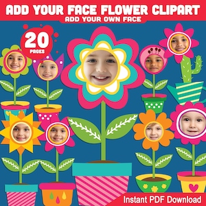 Ajoutez votre visage : créez un bricolage printanier personnalisé avec 20 découpes florales imprimables, activité photo amusante à faire soi-même pour les enfants