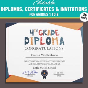 Druckbare 4.Klassen-Diplome, bearbeitbare Zertifikate für die 1.-8.Klasse & Einladungsvorlagen in einem flachen Design, 34 Seiten, Sofort Download