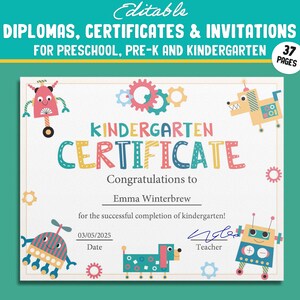 Kit de celebración de fin de año para preescolar y jardín de infantes con temática de robots: 37 páginas editables para certificados, diplomas e invitaciones, archivo PDF