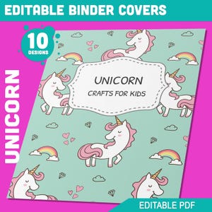 Binder Cover Printable, 10 Covers+Spines, Printable, Editable, Teacher, Kids, School Binder, Planner Cover, One & Two Line Styled, Unicorn