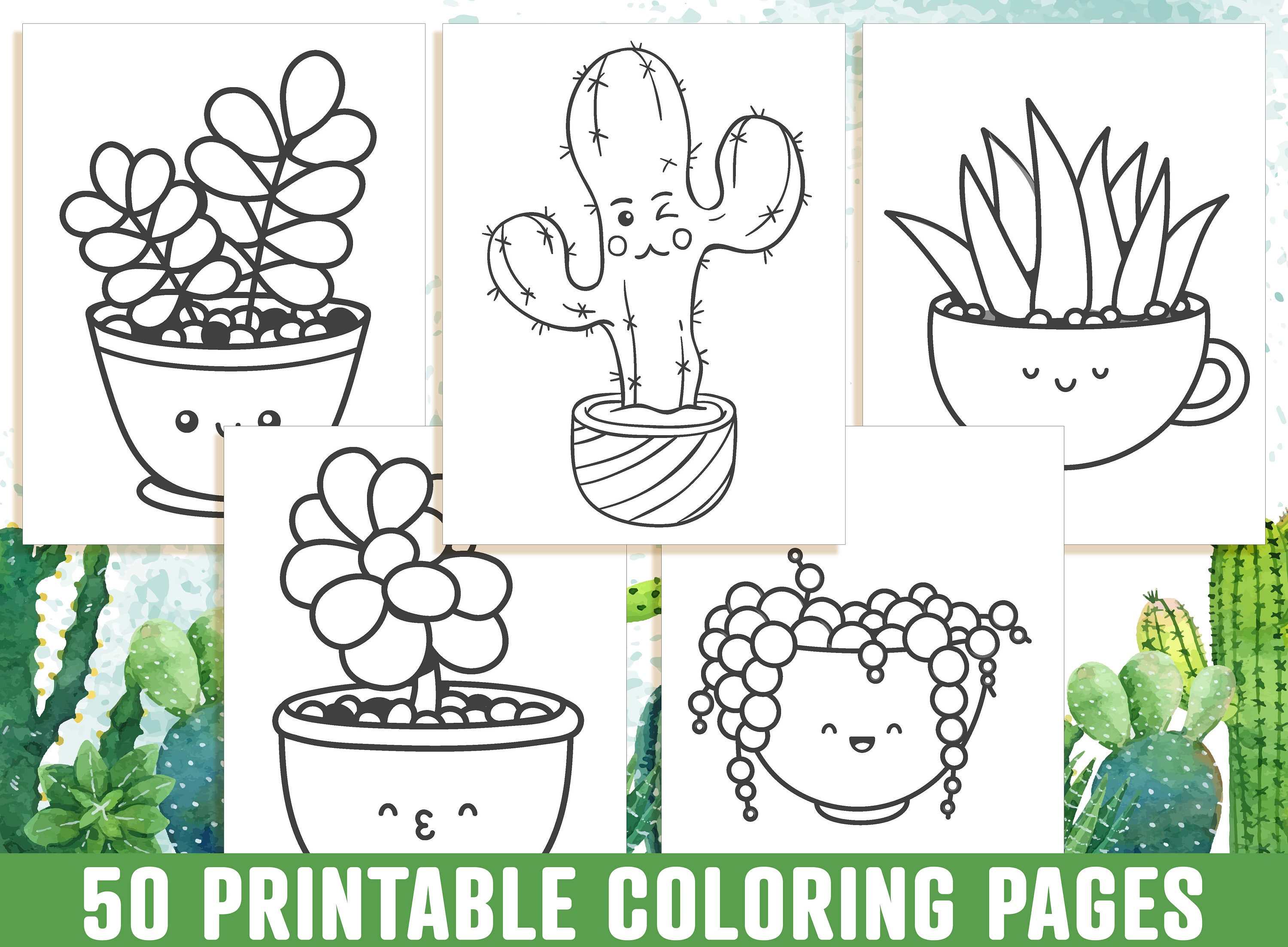 Cactus Coloring Pages A Cute Coloring Book with 50 Adorable | Etsy