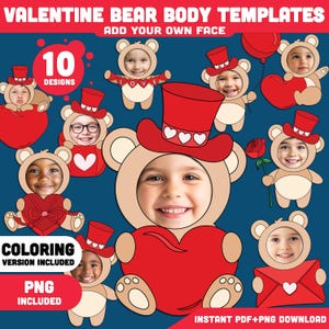 Valentine Bear Body Templates printable featuring cute bear body designs with space to add a child’s face photo or drawing. The image shows multiple Valentine-themed bear templates, including a coloring version, displayed on standard 8.5x11 pages. Designed for classroom activities, homeschool lessons, Valentine parties, and bulletin board displays. High resolution 300 DPI PDF and PNG files suitable for printing, cutting, coloring, and assembling as an add-your-own-face craft.