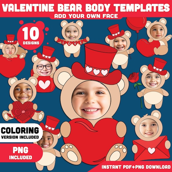 Valentine Bear Body Templates – Add Your Own Face Craft with Coloring Pages, Valentine’s Day Photo Activity for Kids, PDF & PNG, 10 Designs