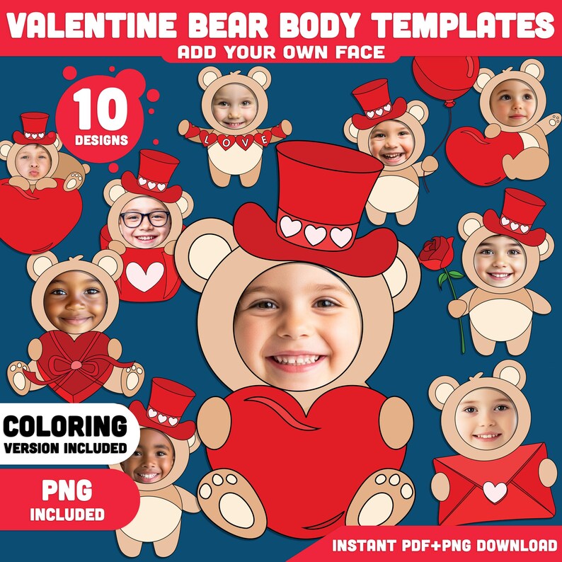 Valentine Bear Body Templates printable featuring cute bear body designs with space to add a child’s face photo or drawing. The image shows multiple Valentine-themed bear templates, including a coloring version, displayed on standard 8.5x11 pages. Designed for classroom activities, homeschool lessons, Valentine parties, and bulletin board displays. High resolution 300 DPI PDF and PNG files suitable for printing, cutting, coloring, and assembling as an add-your-own-face craft.