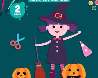 Printable Witch Paper Crafts for Halloween, Fun Color Cut and Glue Activity for Preschool Pre-K Kindergarten, Fall Bulletin Board.
