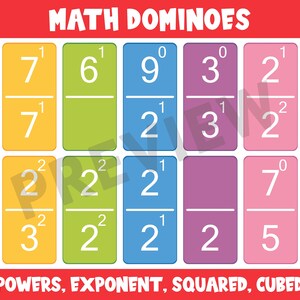 Printable Math Dominoes (powers, Exponent, Squared, Cubed), 55 Cards ...