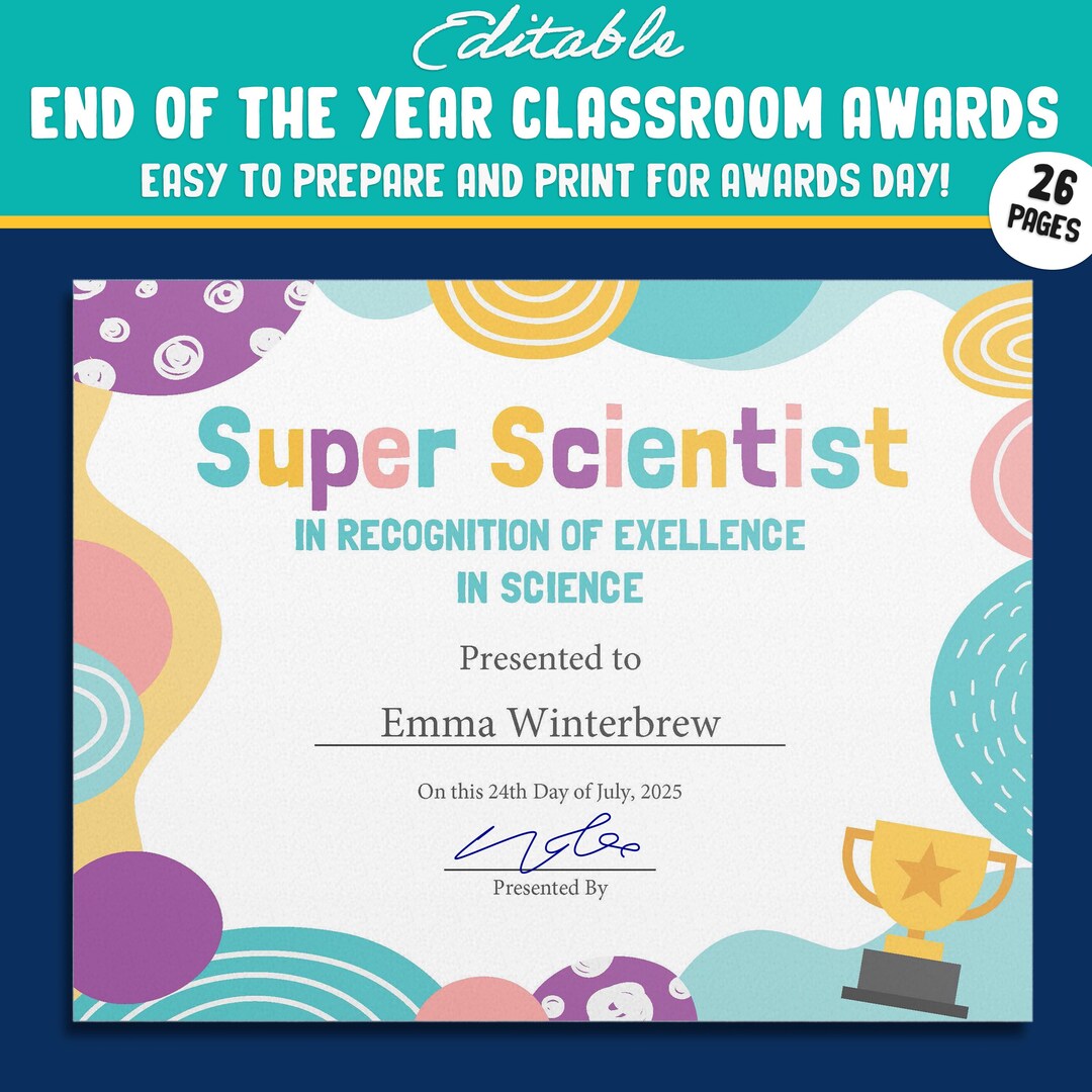 Editable and Fun End of Year Class Awards for Students, 26 Pages, PDF ...