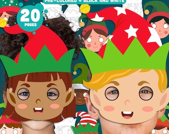 Printable Christmas Elf Mask Templates: 10 Cute Holiday Designs, Pre-Colored + Black and White, Perfect for Kids’ Party or Classroom Craft.