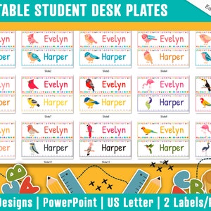 Platos de escritorio para estudiantes con lindos pájaros: 30 diseños editables con PowerPoint, tamaño carta de EE. UU., descarga instantánea