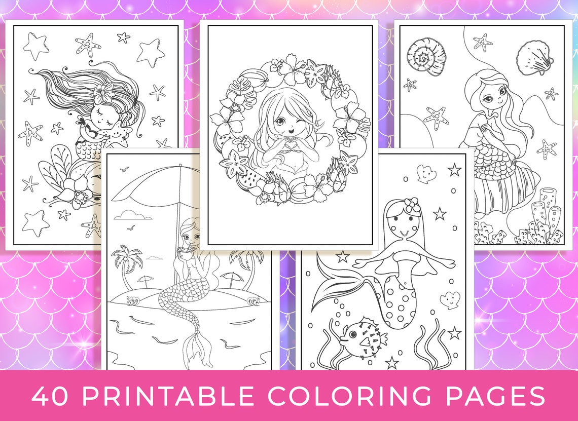 Mermaid Coloring Pages 40 Printable Mermaid Coloring Pages | Etsy