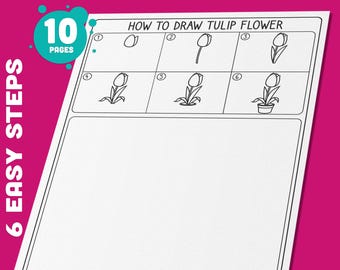 Come disegnare un tulipano facile per i bambini: tutorial passo dopo passo di 5 pagine con 5 pagine da colorare, divertente progetto artistico primaverile, download immediato del PDF