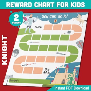 May include: A printable reward chart for kids featuring a knight theme. The chart has a game board design with a path to follow. The text "You can do it!" and "You did it!" are included on the chart. The chart is designed to be used as a motivational tool for children.