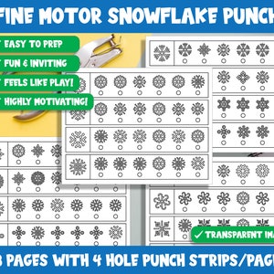 Op de afbeelding: Zwart-witte printbare werkbladen met sneeuwvlokontwerpen. De werkbladen hebben vier rijen sneeuwvlokken met cirkels onder elke sneeuwvlok. De tekst "FINE MOTOR SNOWFLAKE PUNCH" staat bovenaan de pagina. De tekst "8 PAGES WITH 4 HOLE PUNCH STRIPS/PAGE" staat onderaan de pagina.