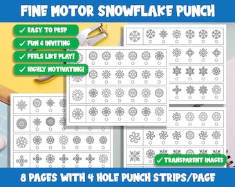 Poinçon de flocon de neige à moteur fin, activités de perforation d'hiver pour boîtes de tâches et bacs, 8 pages, 4 bandes/page, fichier PDF, téléchargement instantané.