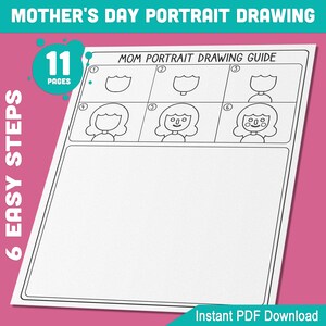 Desenho de retrato para o dia das mães: guia de arte de 5 páginas com 6 etapas, 5 páginas para colorir com espaço para escrever cartas e 1 página para desenhar sua própria mãe.
