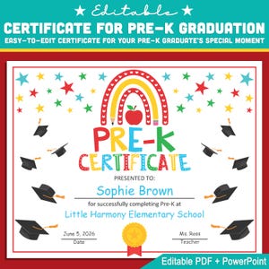 Plantilla editable de certificado de ascenso a preescolar, tamaño carta de graduación (PDF + PowerPoint), premio de fin de año para niños, descarga instantánea