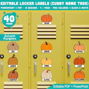 Editable Locker Labels (Cubby Name Tags), Autumn Pumpkins Themed, PDF +PowerPoint, Pre-Colored + Black & White, Back to School Printable Set