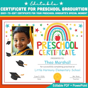 Certificado preescolar editable con foto, plantilla de diploma de graduación: tamaño de letra personalizable PDF + PowerPoint, ¡descarga instantánea!