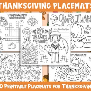 Manteles individuales imprimibles de Acción de Gracias: 10 páginas divertidas y educativas para niños, archivo PDF, tamaño carta de EE. UU., descarga instantánea