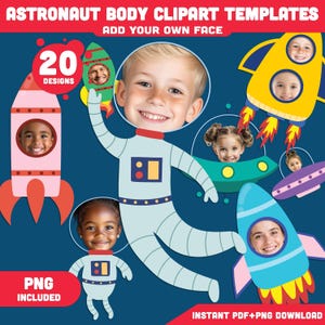 Plantillas de imágenes prediseñadas del cuerpo de astronauta: Manualidad espacial para niños con tu rostro. 20 diseños. Tonos de piel claros y oscuros. PDF + PNG. Descarga instantánea.