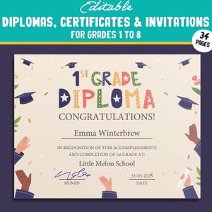 34 bearbeitbare / druckbare Abschlussdiplome, Zertifikate der 1. bis 8. Klasse, Zeugnisse und Einladungsvorlagen, Abschlussfeiern, PDF