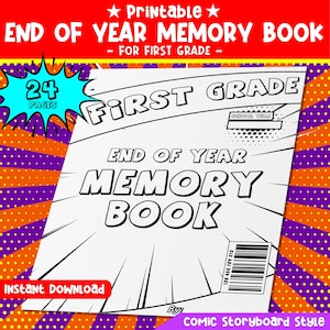 Libro de recuerdos de fin de año para primer grado (1.er grado), estilo cómic, para colorear y escribir, 24 páginas, descarga instantánea en PDF.