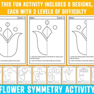 Flower Activities, Lines Of Symmetry, Spring/Summer Flower Symmetry Activity, 24 Pages/8 Designs, Each With 3 Levels of Difficulty, Math/Art