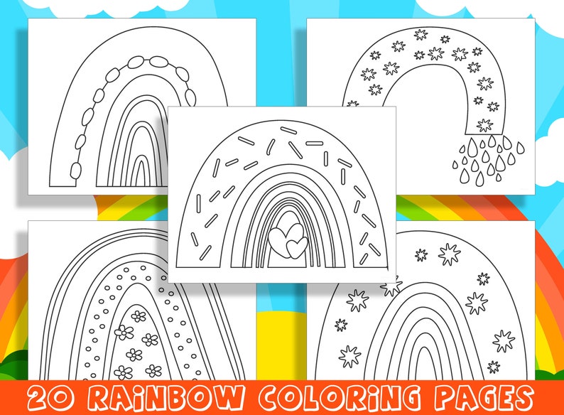 Peut inclure: Un ensemble de 20 pages &agrave; colorier d'arc-en-ciel imprimables. Chaque page pr&eacute;sente un design diff&eacute;rent, y compris des c&oelig;urs, des p&eacute;pites, des &eacute;toiles et des fleurs.