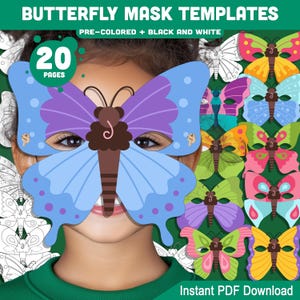 Printable Butterfly Mask Templates: 20 Pages of Fun Spring Crafts for Kids, Pre-Colored+Black and White DIY Costume Masks for Play & Parties