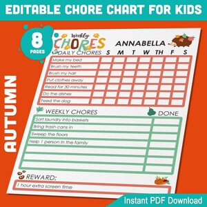 Autumn/Fall Chore Chart for Kids: Printable and Editable Responsibility Tracker, To-Do List for Boys and Girls, Reward Chart – 8 Pages