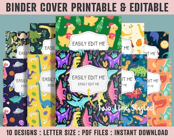 Binder Cover Printable, 10 Covers+Spines, Printable, Editable, Teacher, Kids, School Binder, Planner Cover, One & Two Line Styled, Dinosaur