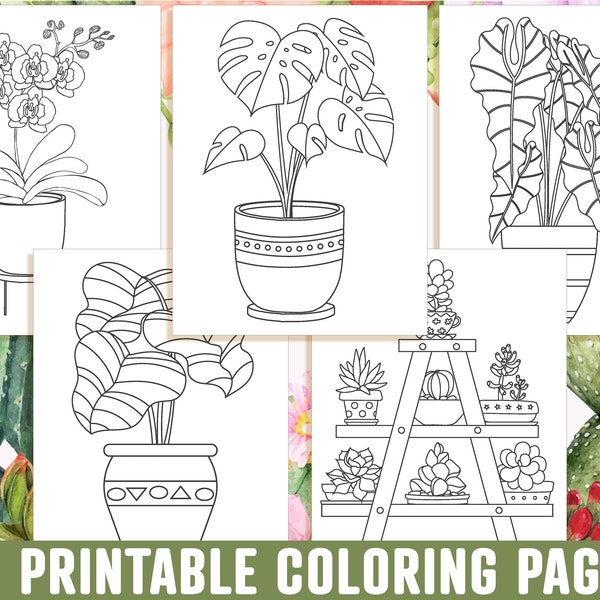 Houseplant Coloring Pages, 20 Printable Adorable Succulent, Cactus, Houseplant Coloring Pages, Indoor Plant Coloring Book, Instant Download