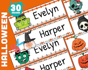 Puede incluir: Etiquetas de nombre de escritorio de Halloween editables con 30 diseños diferentes. Cada etiqueta presenta un personaje diferente de Halloween y un espacio para escribir un nombre. Las etiquetas están diseñadas para ser utilizadas en un aula o en casa.