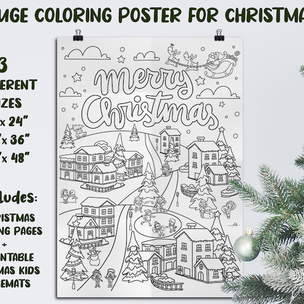 Poster de Noël imprimable à colorier pour enfants, 3 tailles différentes, inclus ; 5 pages à colorier et 3 sets de table, fichier PDF, téléchargement immédiat