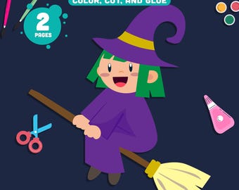 Printable Witch Paper Craft for Preschool, Pre-K, Kindergarten, Fun October Halloween Color Cut and Glue Activity, Instant PDF Download.