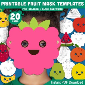 Printable Fruit Mask Templates: 20 Fun DIY Crafts for Kids, Pre-Colored + Black & White Featuring Strawberry Apple Raspberry Orange and More