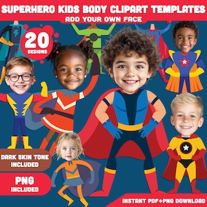 Superhero Body Clipart Collection – DIY Craft! Add Your Face to Exciting Hero Designs, Light + Dark Skin, PDF + PNG