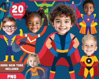 Superhero Body Clipart Collection – DIY Craft! Add Your Face to Exciting Hero Designs, Light + Dark Skin, PDF + PNG