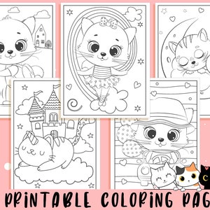 May include: A collection of 21 printable coloring pages featuring adorable cartoon cats in various scenes. The images include cats on scooters, in tutus, on the moon, and more. The text "21 PRINTABLE COLORING PAGES" is at the bottom.