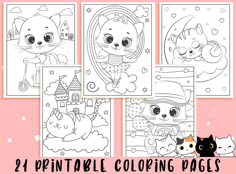 May include: A collection of 21 printable coloring pages featuring adorable cartoon cats in various scenes. The images include cats on scooters, in tutus, on the moon, and more. The text "21 PRINTABLE COLORING PAGES" is at the bottom.