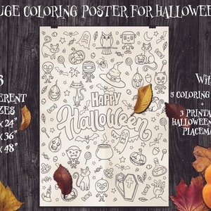 K&ouml;nnte beinhalten: Ein gro&szlig;es Malposter f&uuml;r Halloween mit dem Text "Happy Halloween" und verschiedenen Halloween-Illustrationen. Erh&auml;ltlich in drei Gr&ouml;&szlig;en: 45,7 cm x 61 cm, 61 cm x 91,4 cm und 91,4 cm x 122 cm. Enth&auml;lt 5 Malvorlagen und 3 bedruckbare Halloween-Kinder-Tischsets.