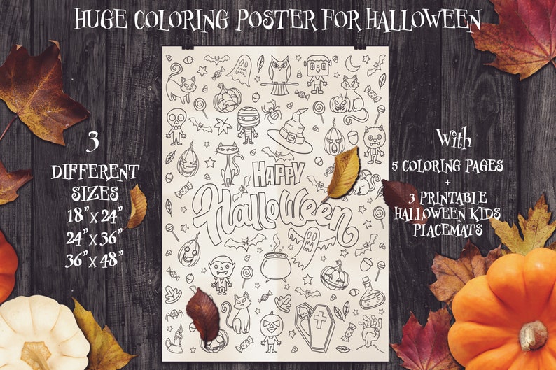 K&ouml;nnte beinhalten: Ein gro&szlig;es Malposter f&uuml;r Halloween mit dem Text "Happy Halloween" und verschiedenen Halloween-Illustrationen. Erh&auml;ltlich in drei Gr&ouml;&szlig;en: 45,7 cm x 61 cm, 61 cm x 91,4 cm und 91,4 cm x 122 cm. Enth&auml;lt 5 Malvorlagen und 3 bedruckbare Halloween-Kinder-Tischsets.
