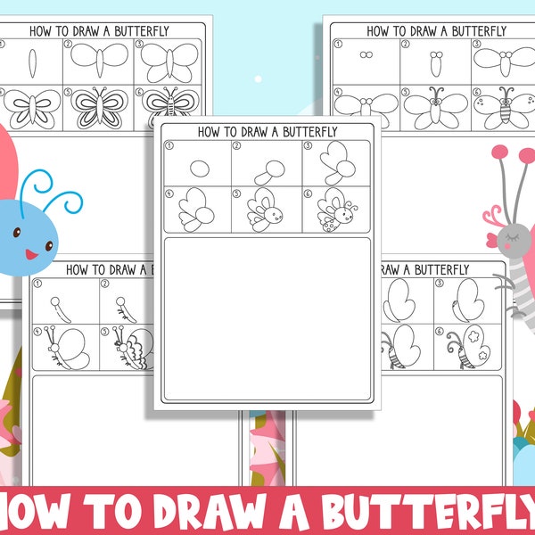 Learn How to Draw a Butterfly, Directed Drawing Step by Step Tutorial, Includes 5 Coloring Pages, PDF File, Instant Download
