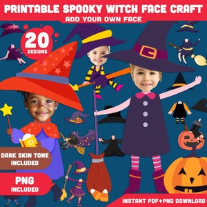 Printable Halloween Witch Add Your Own Face Crafts, 20 Fun Designs – Light & Dark Skin Tone, PDF + PNG Included, DIY Cut and Paste Activity.