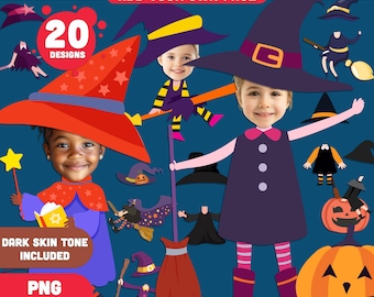 Manualidades imprimibles de brujas de Halloween para añadir tu propia cara, 20 diseños divertidos – Tonos de piel claros y oscuros, PDF + PNG incluidos, actividad de recortar y pegar.
