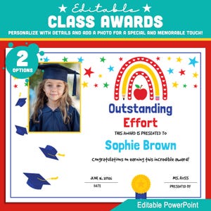 Premios de clase editables, personalícelos con detalles y fotos de los estudiantes, certificados superlativos de fin de año, descarga instantánea de archivo de PowerPoint
