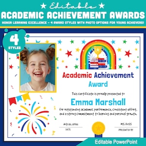 Prêmios de Realização Acadêmica editáveis com 4 estilos exclusivos e áreas para fotos, imprimíveis e pessoais, PowerPoint editável, download instantâneo.